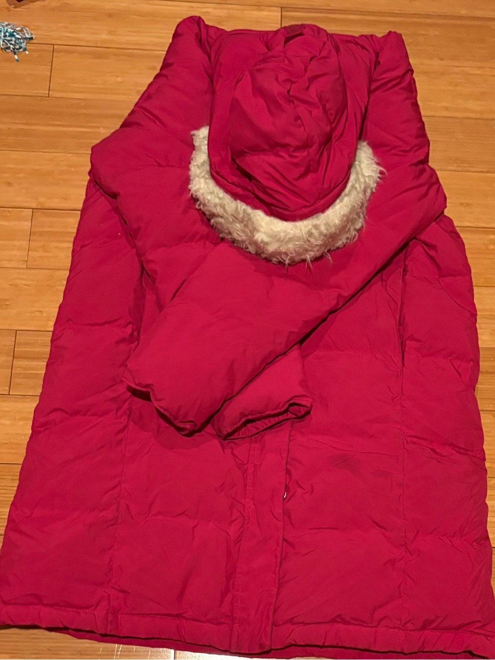 L.L. Bean Women's Bright Pink Hooded Down Coat with Faux Fur Trim